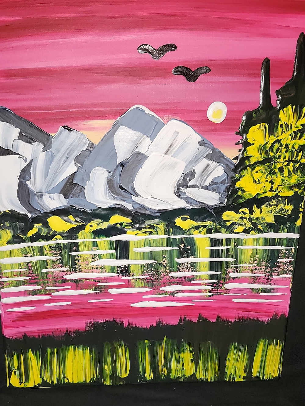 Hand-Painted Pink and Yellow Mountain Landscape Canvas Print